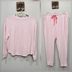 LOFT 2 Piece Pajama Pant Set XL Red White Pin Stripe Jogger Jersey Knit Lounge